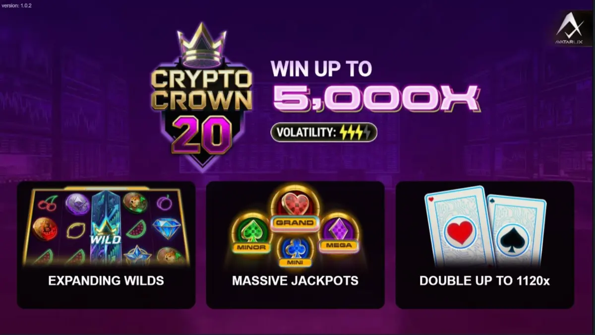 Crypto Crown 20 slot game interface with neon fruit and crypto symbols