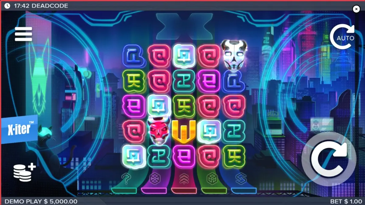 Isang futuristic na interface ng Deadcode slot na may neon at glitch na disenyo.