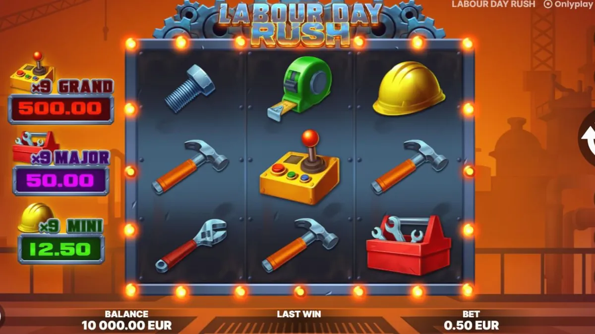 Labour Day Rush slot game interface na may industrial factory theme