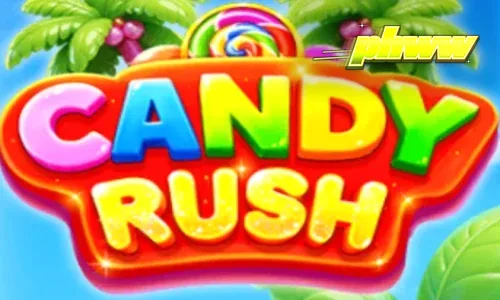 Makulay na interface ng Candy Rush slot na may mga kendi sa isang tropikal na background.